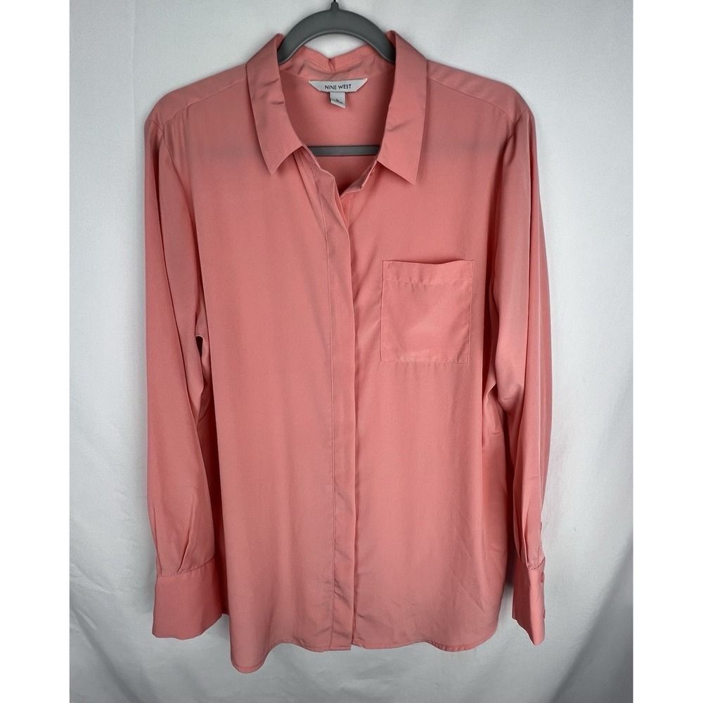 Nine West Womens Pink Blouse Large Hidden Button Career Office Shirt Top